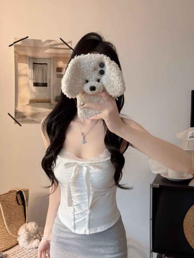Lace Crop Camisole with Ribbon Accent