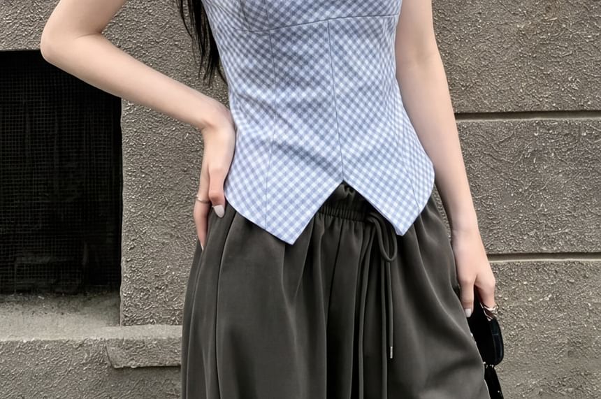 Gingham Square Neck Tank Top