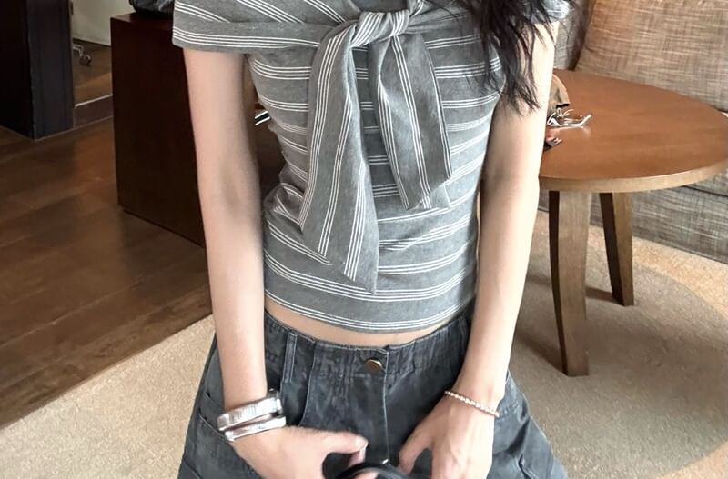 Off-Shoulder Striped Tie Front Crop Top