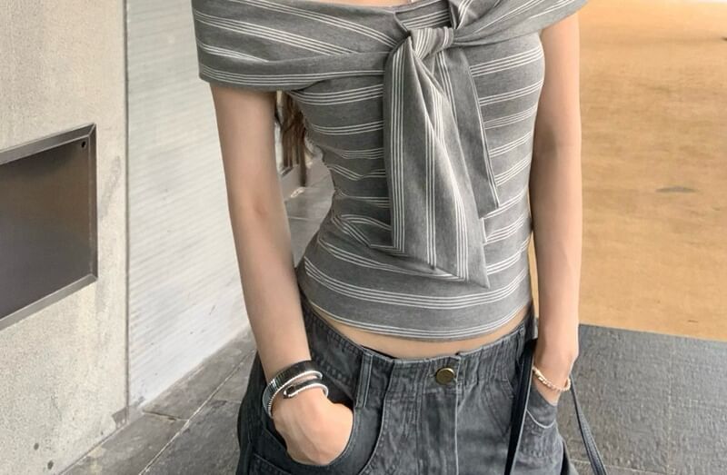 Off-Shoulder Striped Tie Front Crop Top