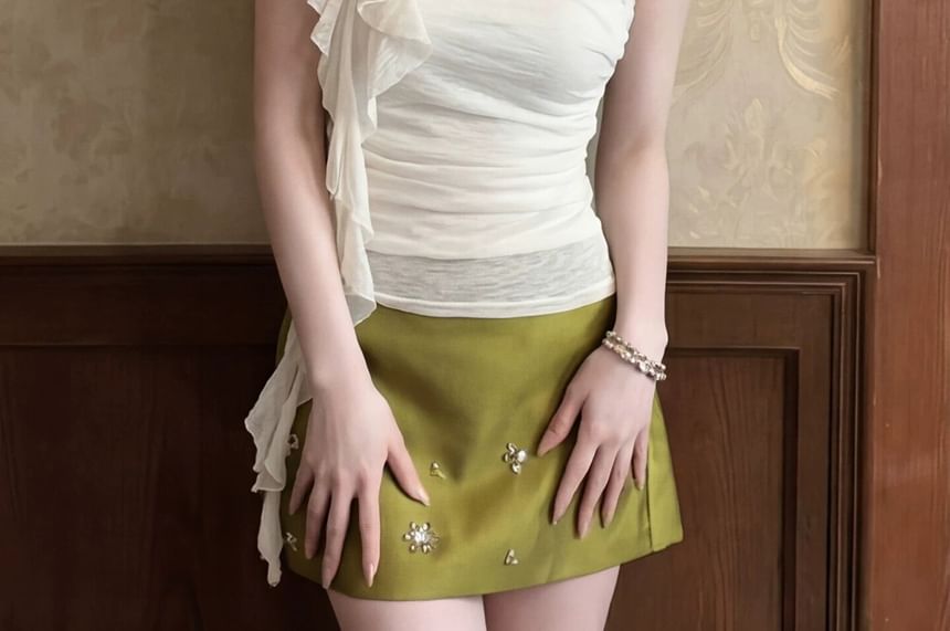 One-Shoulder Asymmetrical Ruffle Ruched Top