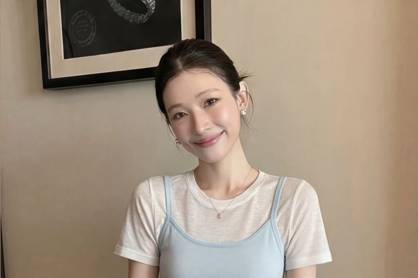Sheer Crew Neck T-Shirt & Camisole Set