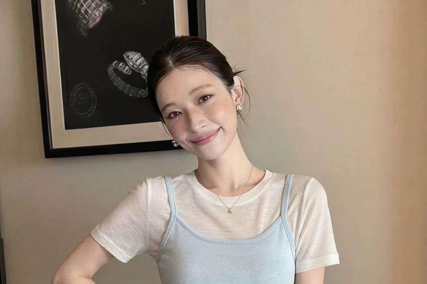 Sheer Crew Neck T-Shirt & Camisole Set