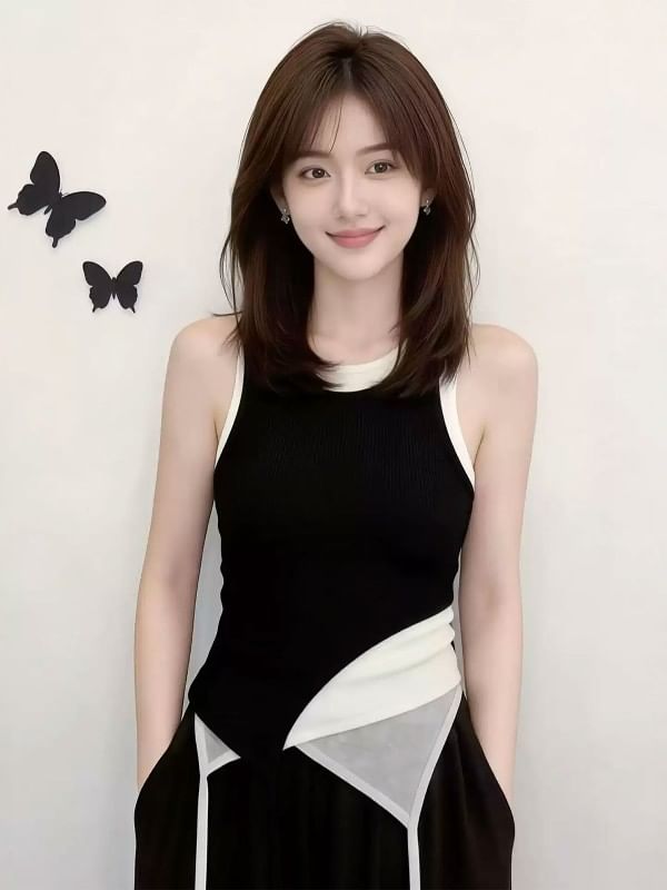 Two Tone Asymmetrical Crew Neck Tank