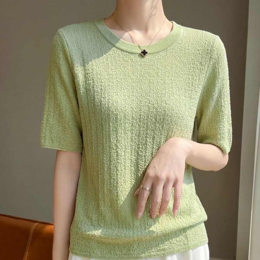 Round Neck Plain Knit Short Sleeve Top