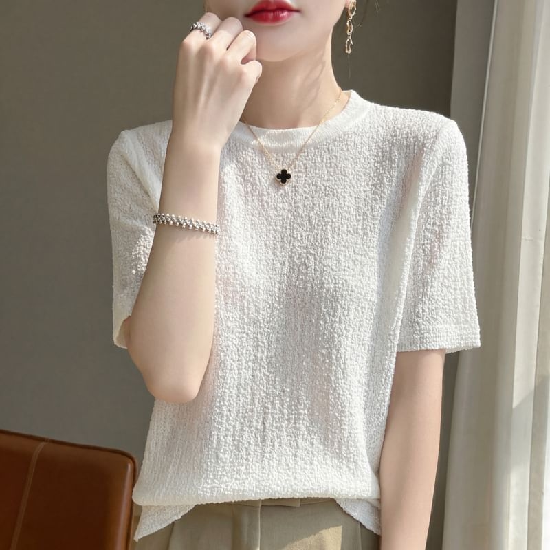 Round Neck Plain Knit Short Sleeve Top