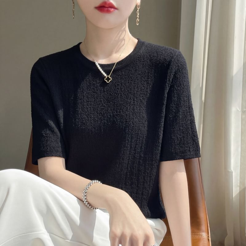 Round Neck Plain Knit Short Sleeve Top