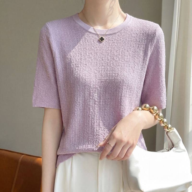 Round Neck Plain Knit Short Sleeve Top