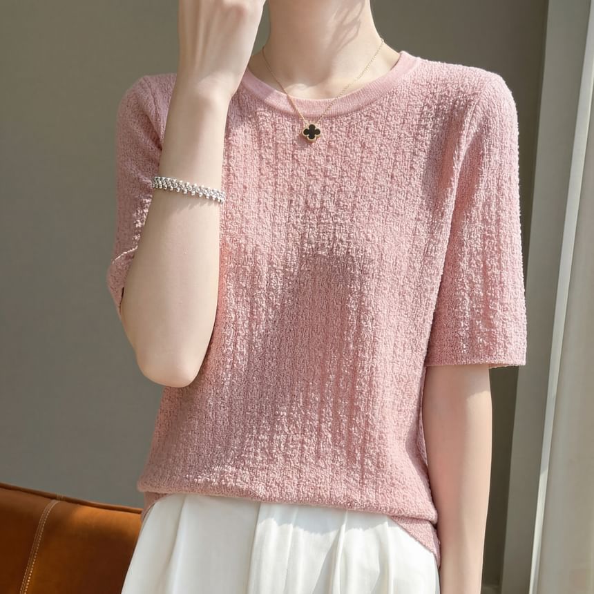 Round Neck Plain Knit Short Sleeve Top