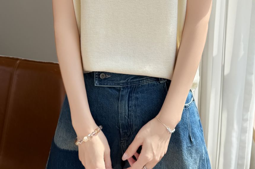 Two-Tone Button Collared Knit Short Sleeve Top