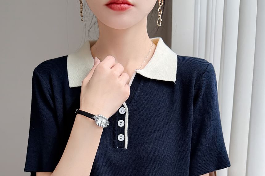 Two-Tone Button Collared Knit Short Sleeve Top