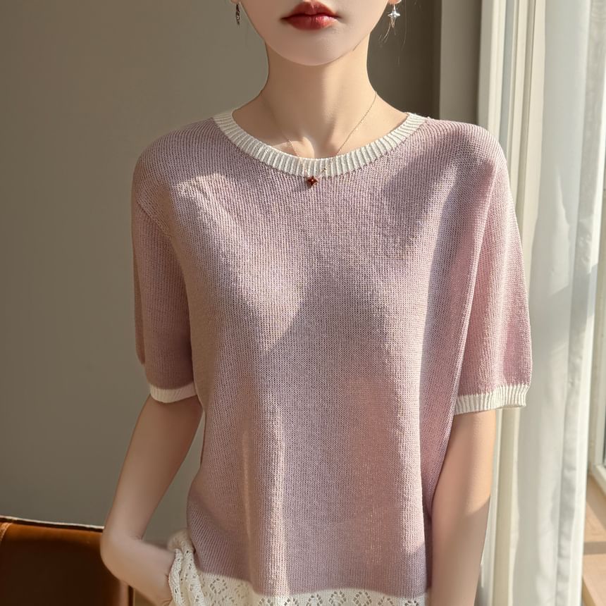 Two-Tone Pointelle Round Neck Knit Tee