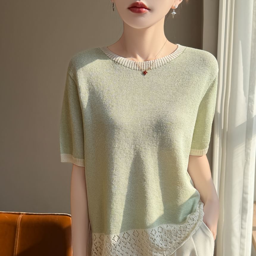 Two-Tone Pointelle Round Neck Knit Tee