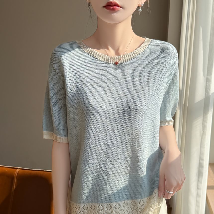 Two-Tone Pointelle Round Neck Knit Tee