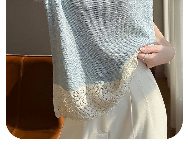 Two-Tone Pointelle Round Neck Knit Tee