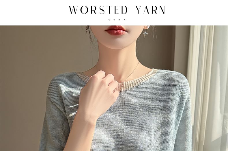 Two-Tone Pointelle Round Neck Knit Tee