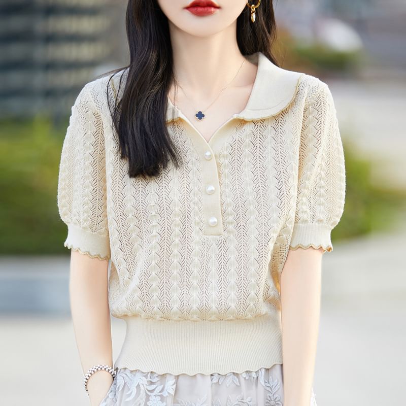 Faux Pearl Button Contrast Trim Collared Cable Knit Tee