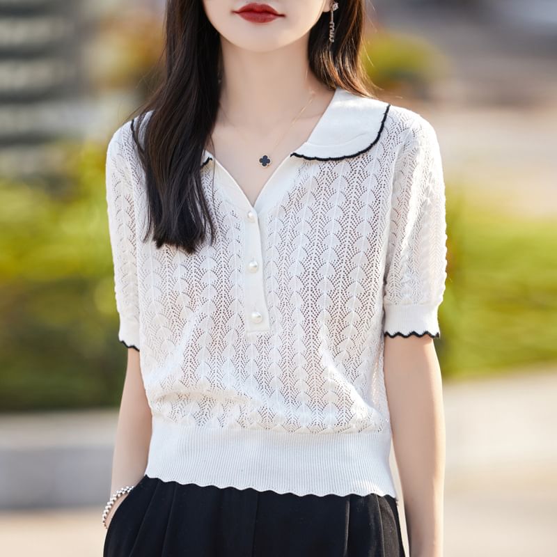 Faux Pearl Button Contrast Trim Collared Cable Knit Tee