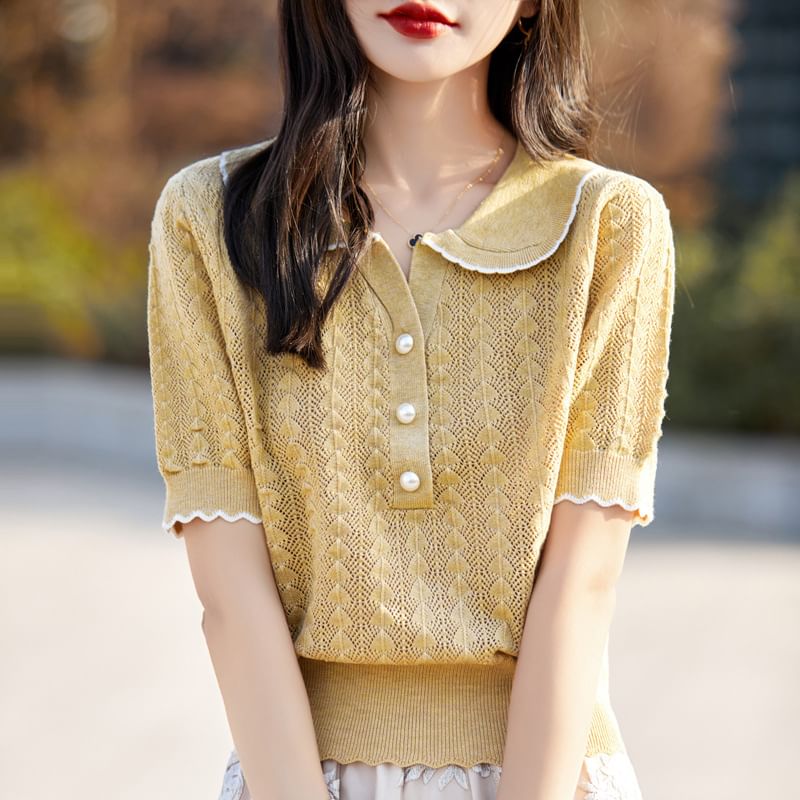Faux Pearl Button Contrast Trim Collared Cable Knit Tee
