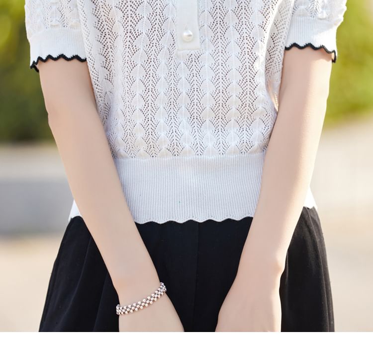 Faux Pearl Button Contrast Trim Collared Cable Knit Tee
