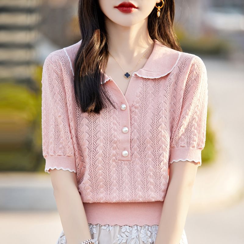 Faux Pearl Button Contrast Trim Collared Cable Knit Tee