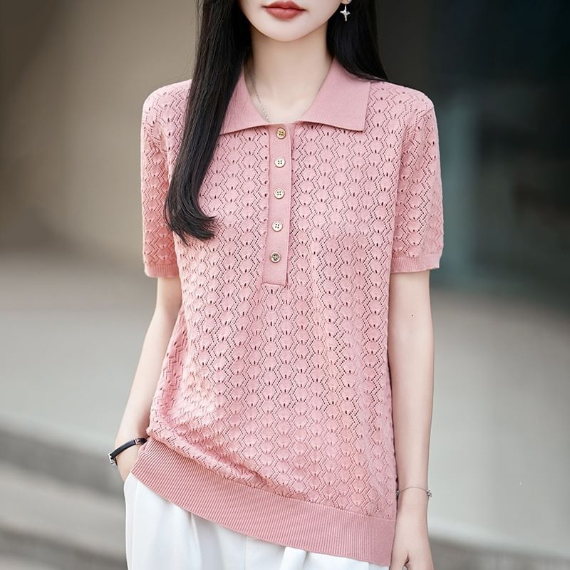 Plain Knit Polo Short Sleeve Top