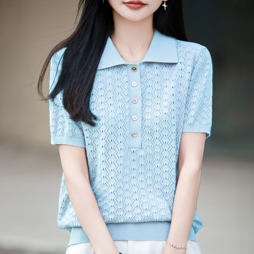 Plain Knit Polo Short Sleeve Top