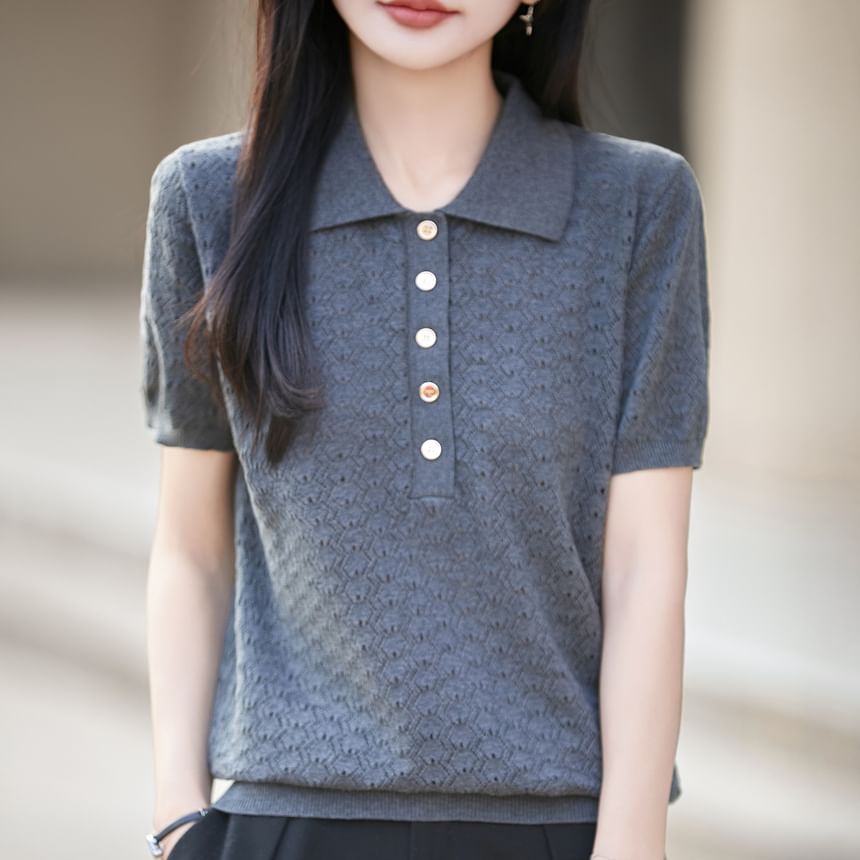 Plain Knit Polo Short Sleeve Top