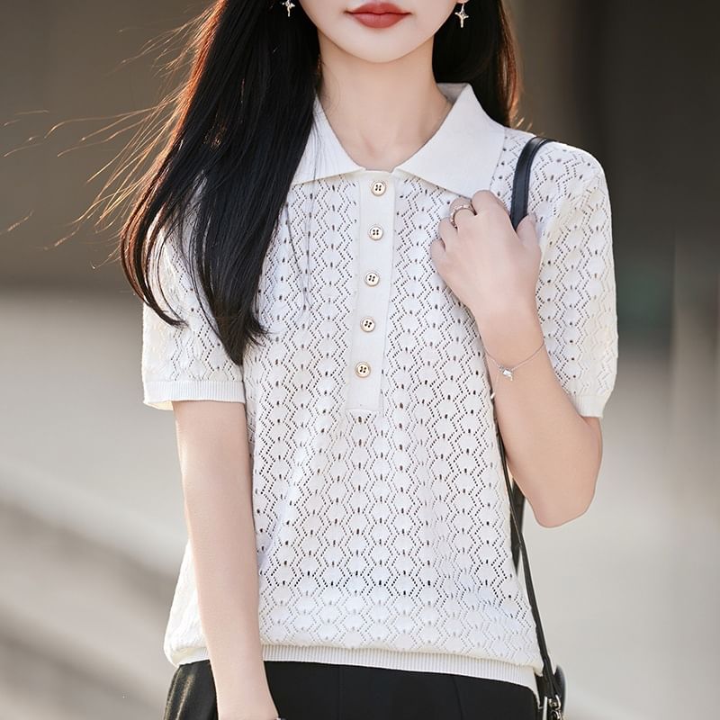 Plain Knit Polo Short Sleeve Top