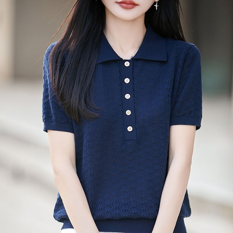 Plain Knit Polo Short Sleeve Top