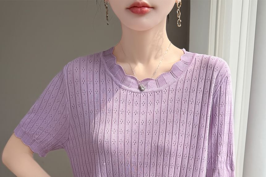 Pointelle Ribbed Round Neck Knit Tee