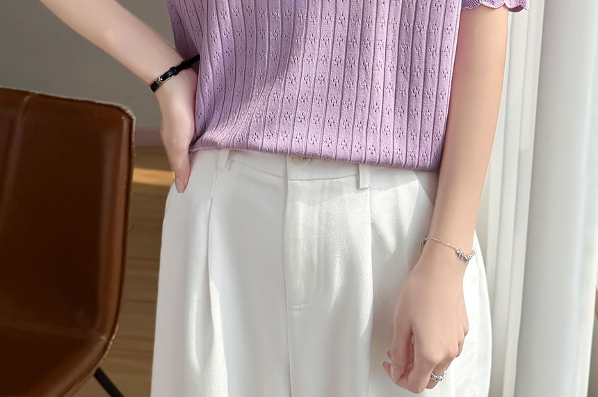 Pointelle Ribbed Round Neck Knit Tee