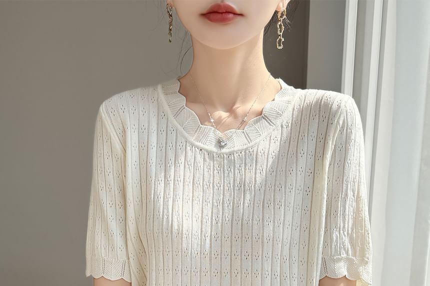 Pointelle Ribbed Round Neck Knit Tee