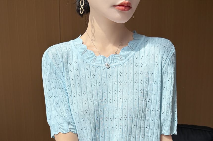 Pointelle Ribbed Round Neck Knit Tee