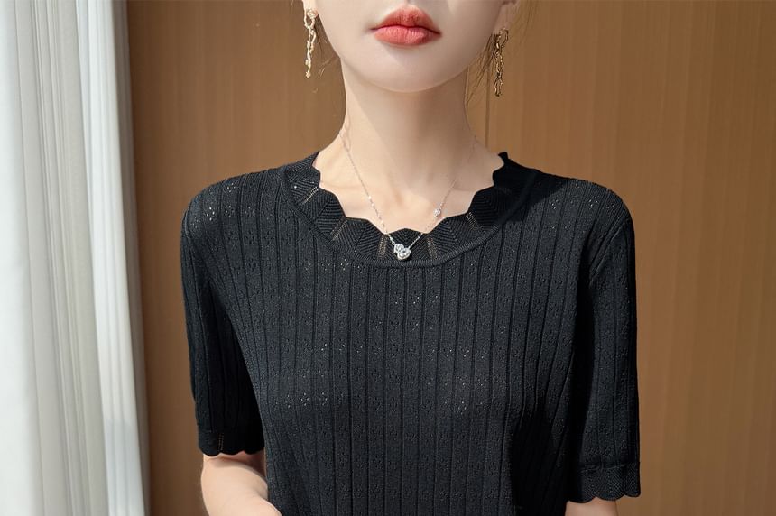 Pointelle Ribbed Round Neck Knit Tee
