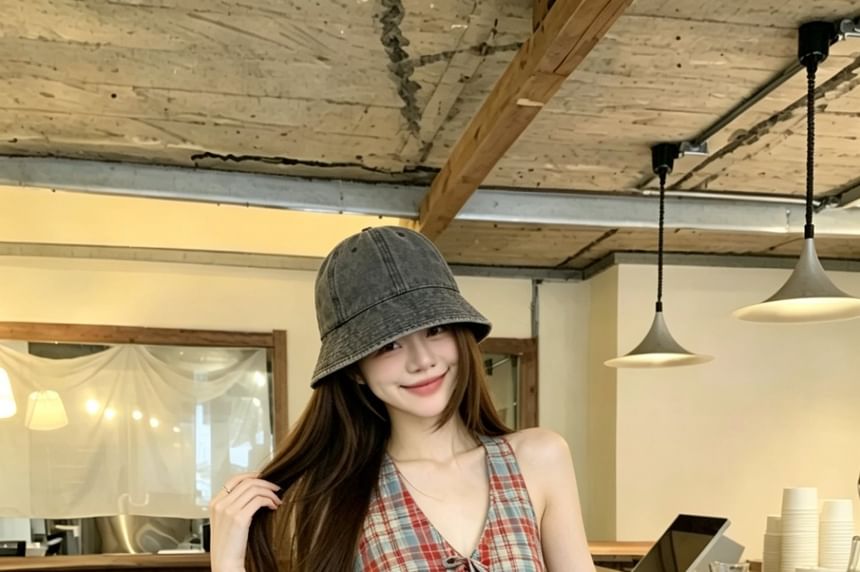 Plaid Halter Bow Blouse