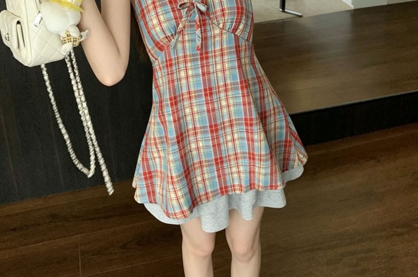 Plaid Halter Bow Blouse