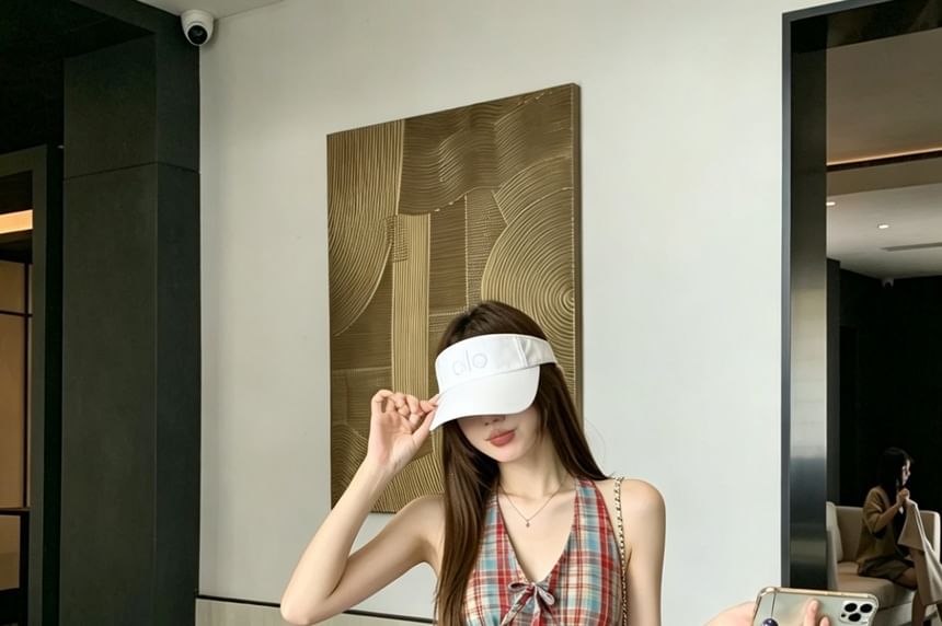 Plaid Halter Bow Blouse