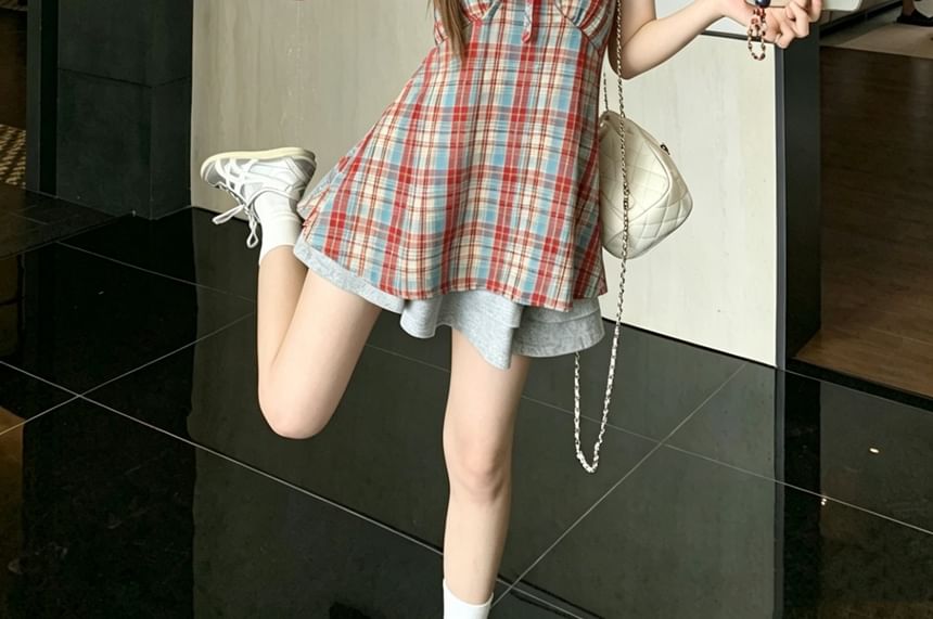 Plaid Halter Bow Blouse