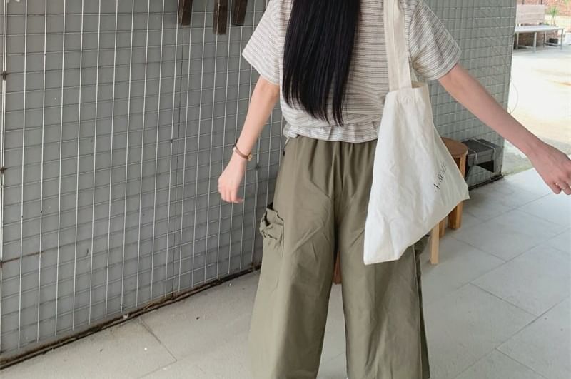 Striped Ruffle Drawstring Tee & Cropped Cargo Pants Set