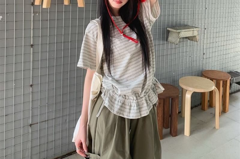 Striped Ruffle Drawstring Tee & Cropped Cargo Pants Set