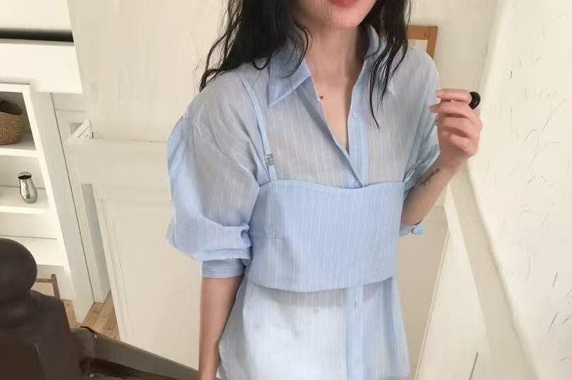 Pinstriped Collared Shirt & Crop Camisole Set
