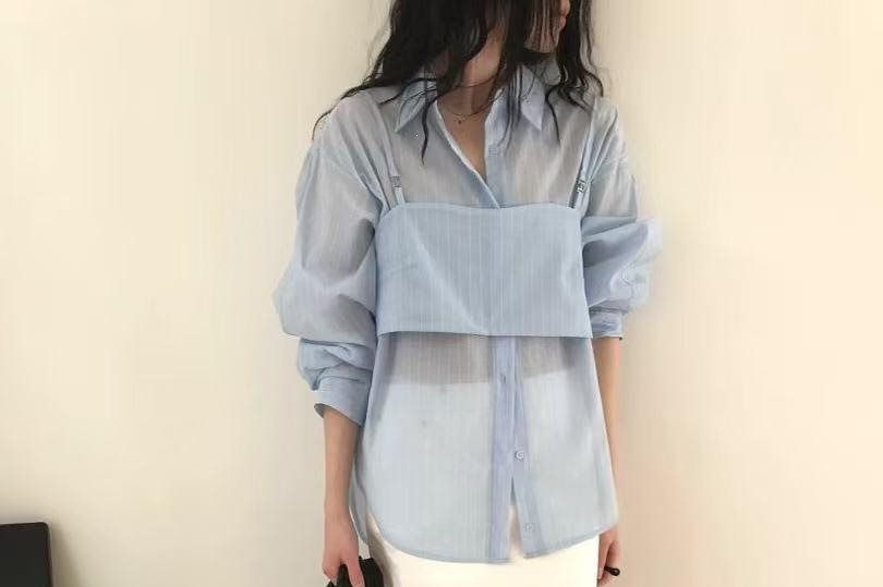 Pinstriped Collared Shirt & Crop Camisole Set