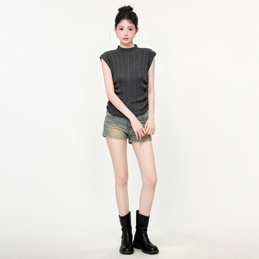 Mock Neck Ruched Ribbed Knit Cap Sleeve Top