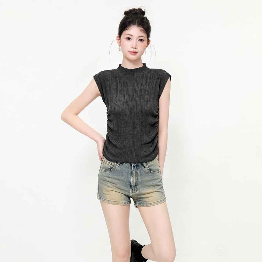 Mock Neck Ruched Ribbed Knit Cap Sleeve Top
