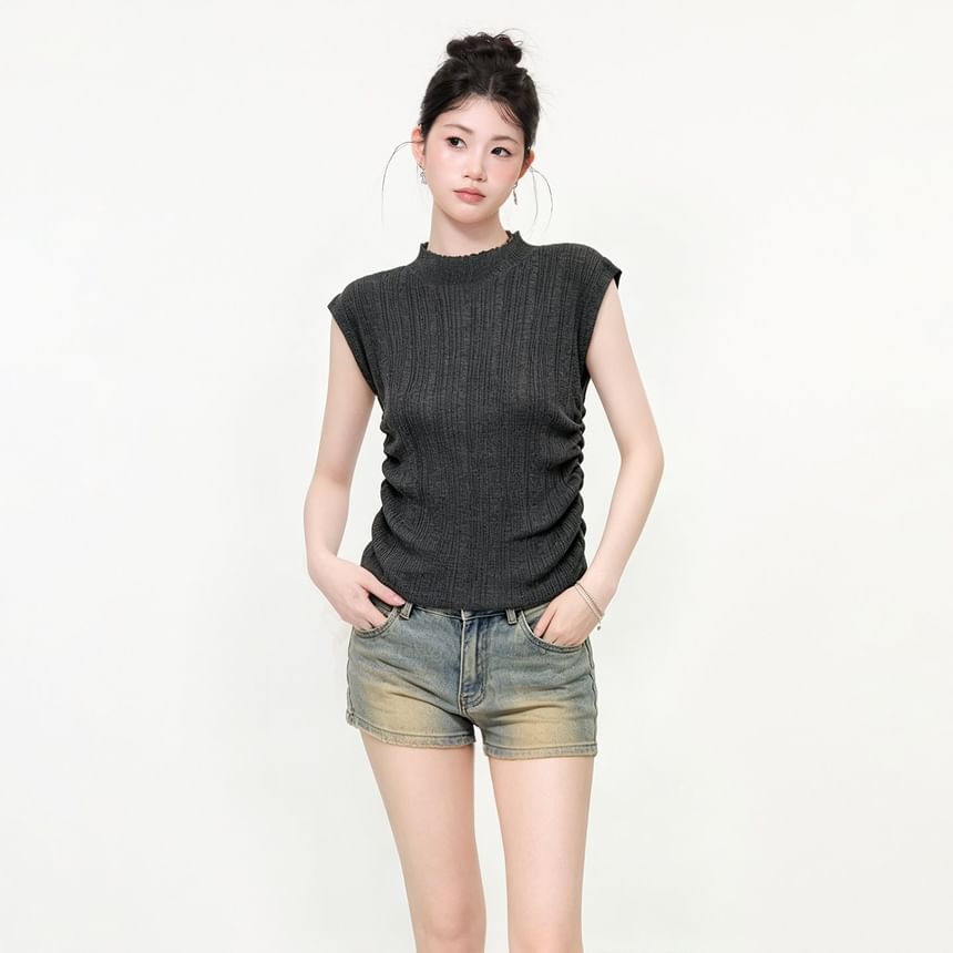 Mock Neck Ruched Ribbed Knit Cap Sleeve Top