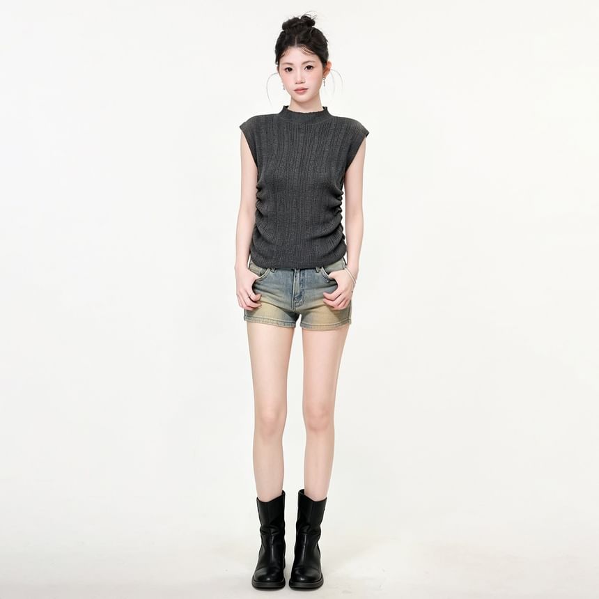 Mock Neck Ruched Ribbed Knit Cap Sleeve Top