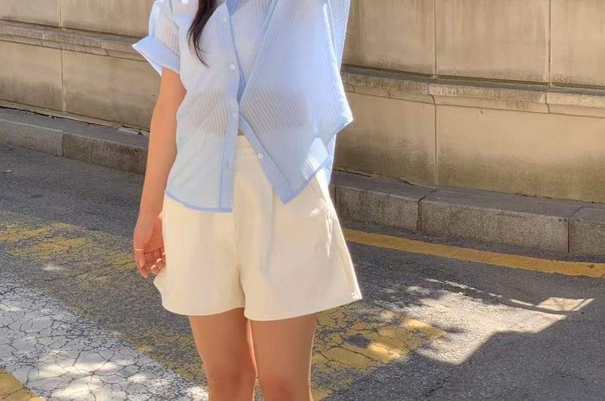 Elbow Sleeve Striped Sheer Button-Up Shirt