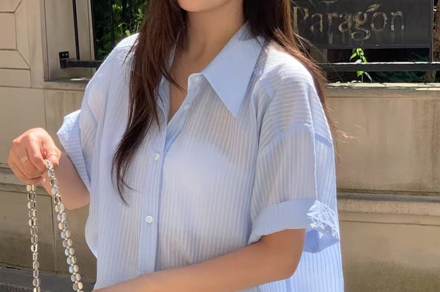 Elbow Sleeve Striped Sheer Button-Up Shirt