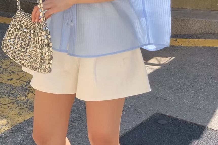 Elbow Sleeve Striped Sheer Button-Up Shirt